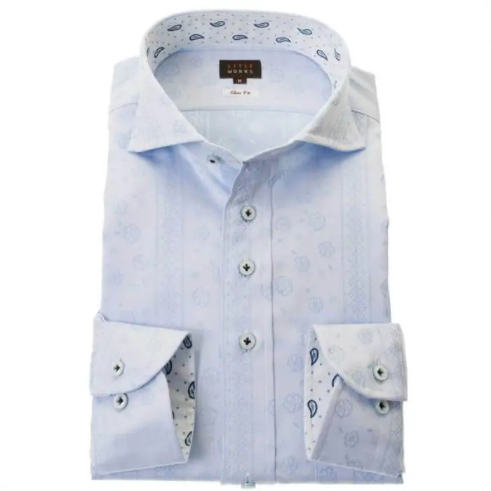 国産長袖綿100％ドレスシャツ スリムフィット カッタウェイワイドカラー スカイブルー ジャガード織 デザインストライプ