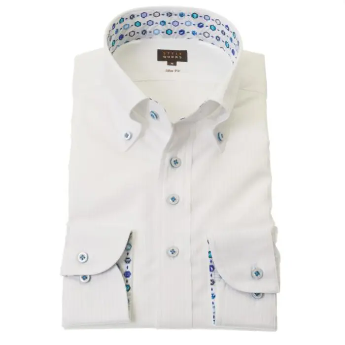 国産長袖ドレスシャツ アウトラスト生地使用 スリムフィット ボタンダウン ホワイト ドビーロンドンストライプ
