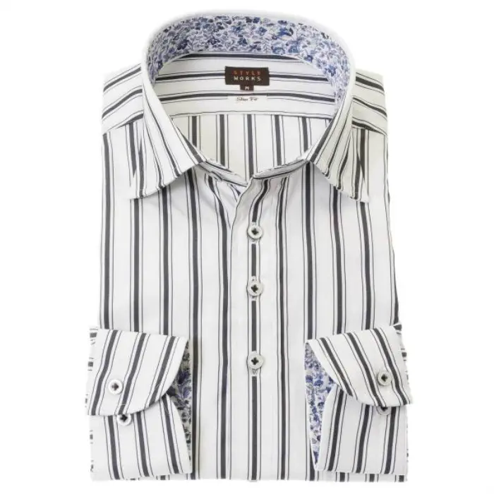 国産長袖ドレスシャツ シェルテック生地使用 スリムフィット ワイドカラー ストライプ ホワイト ネイビー 両子持縞