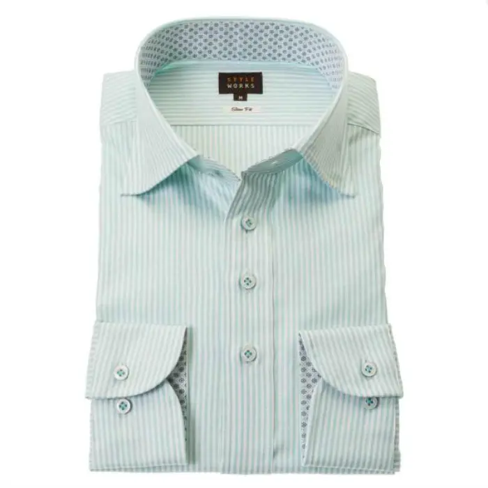 国産長袖ドレスシャツ 綿100％ピンオックス スリムフィット ワイドカラー ロンドンストライプ パステルグリーン ライトグリーン