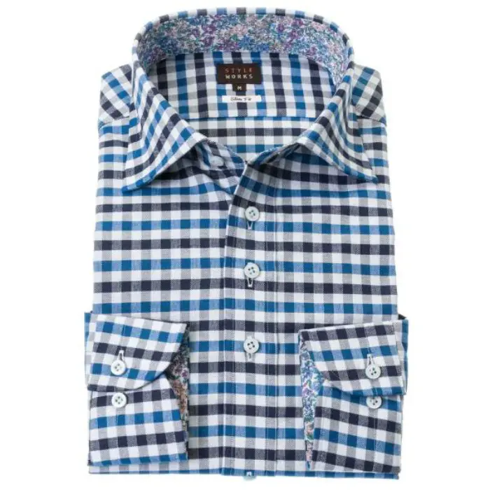国産長袖ドレスシャツ 綿100％オックスフォード スリムフィット ワイドカラー ブロックチェック スカイ ブルー ネイビー