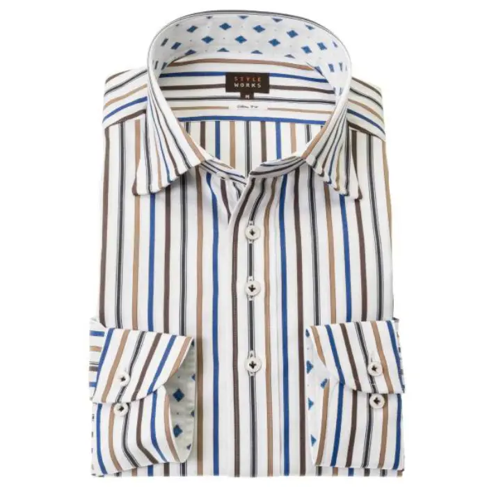 国産長袖ドレスシャツ 綿100％ スリムフィット ワイドカラー ブロックストライプ ホワイト ブラウン ベージュ ブルー ネイビー