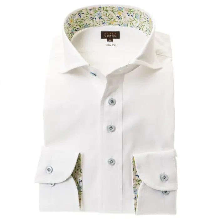 国産綿100％長袖ドレスシャツ カッタウェイ スリムフィット ホワイト 白 ジャガード グラデーションドット