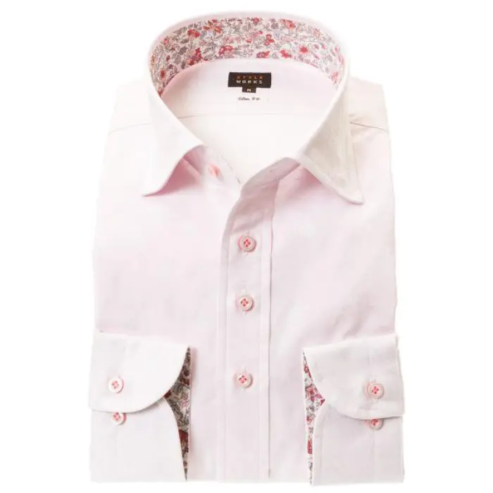 国産長袖ドレスシャツ スリムフィット ワイドカラー ピンク ジャガード織柄 デザイン フラワー アイビー