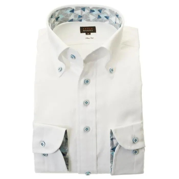 国産長袖綿100％ドレスシャツ スリムフィット ボタンダウン ホワイト ジャガード織 ヘリンボーン 菱形 ダイヤチェック 