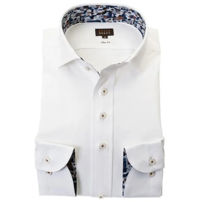 長袖ドレスシャツ ショートワイドカラー スリムフィット ホワイト 白 無地 国産 ストレッチ素材使用