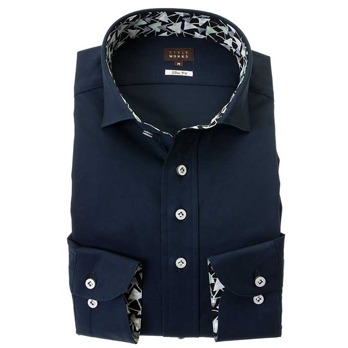 ◆ブランド／STYLEWORKS◆商品ジャンル／長袖ワイシャツ◆サイズ展開／S,M,L,LL,◆シルエット／コンフォート◆衿型／ワイドカラー◆袖丈／長袖◆色／ネイビー◆柄／無地◆前立／表前立て◆素材／