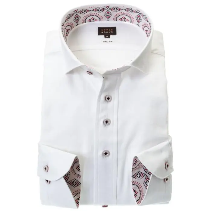 国産長袖綿100％ドレスシャツ セミワイドカラー スリムフィット 胸ポケット有 ホワイト ジャガード織柄 ダマスクストライプ