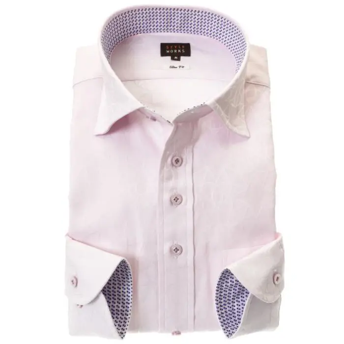 国産長袖綿100％ドレスシャツ スリムフィット ワイドカラー ピンク ジャガード織柄 幾何柄