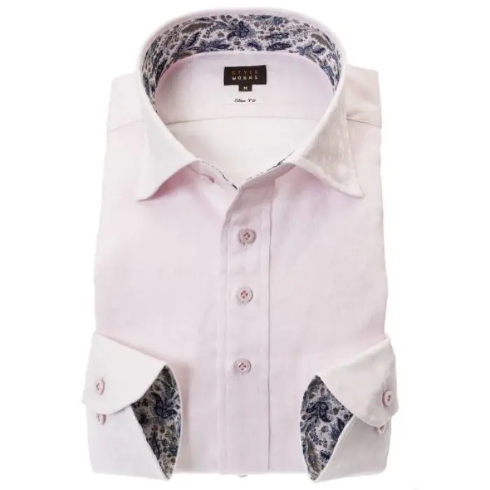 国産長袖綿100％ドレスシャツ ワイドカラー スリムフィット ピンク ジャガード織 花柄 花壇 フラワーガーデン 胸ポケット有