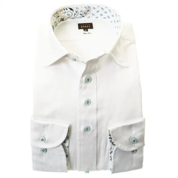 国産長袖ドレスシャツ スリムフィット 綿100％ ワイドカラー ホワイト 白 ジャガード織 蔦柄 花 ストライプ 胸ポケット有