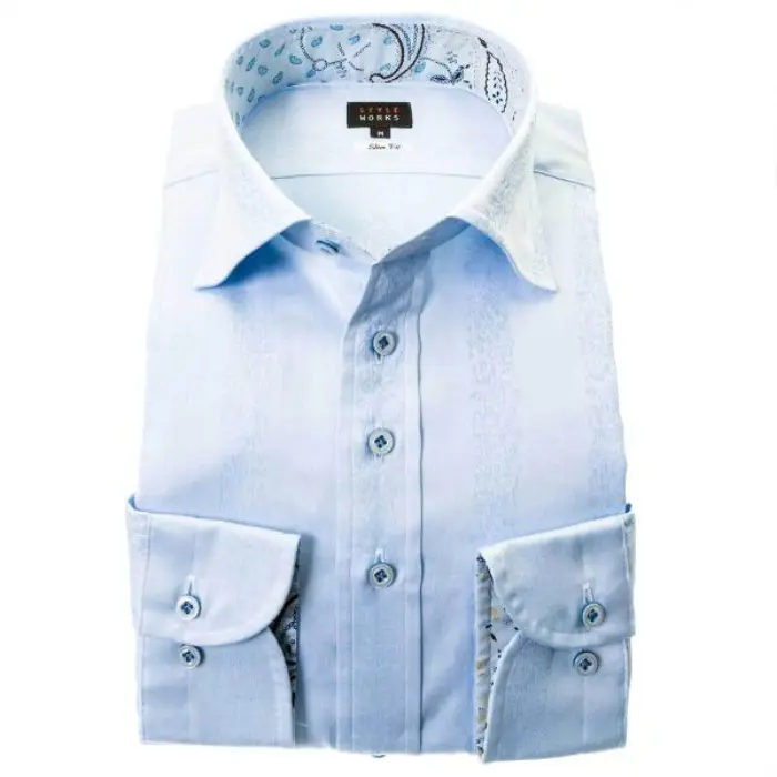 国産長袖ドレスシャツ スリムフィット 綿100％ ワイドカラー スカイブルー 水色 ジャガード織 蔦柄 花 ストライプ 胸ポケット有