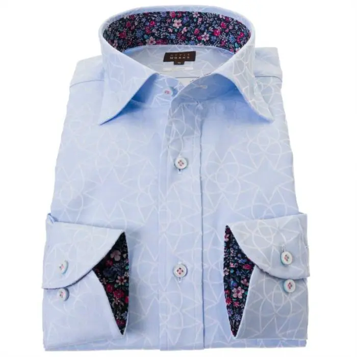 国産長袖綿100％ドレスシャツ コンフォート ワイドカラー スカイブルージャガード織柄 幾何柄 