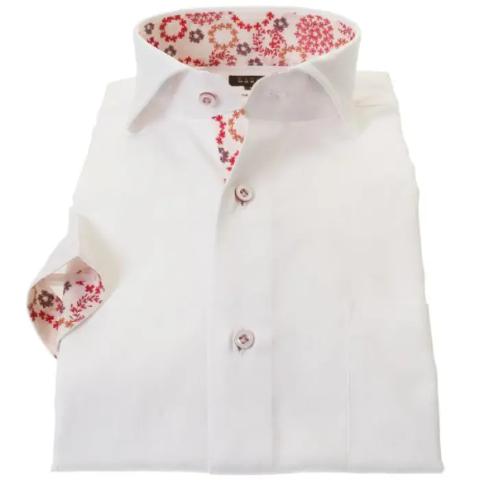 国産半袖ドレスシャツ 綿100% スリムフィット カッタウェイワイドカラー ホワイト ジャガード織 月桂冠 ローレル