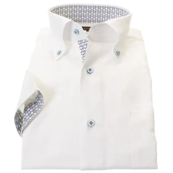 国産半袖ドレスシャツ 綿100% スリムフィット ボタンダウン ホワイト ジャガード織 幾何柄 化学式 胞子柄
