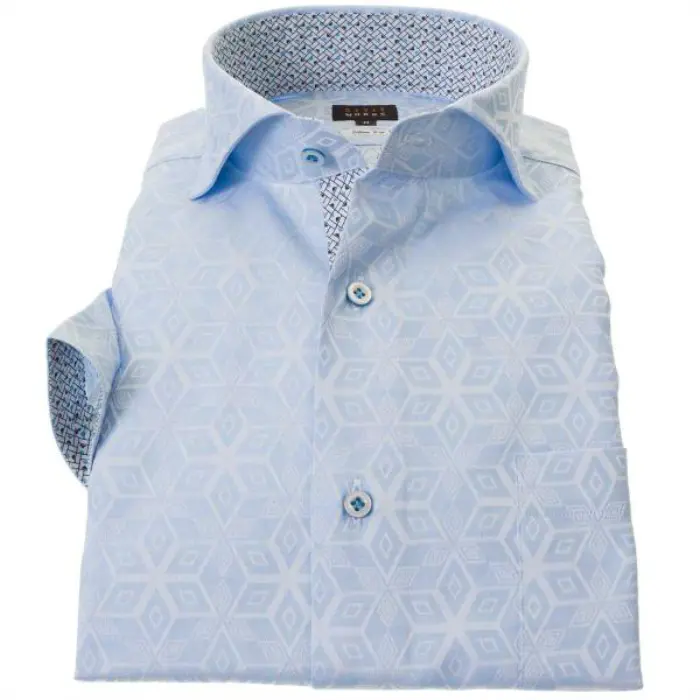 国産半袖ドレスシャツ 綿100% スリムフィット カッタウェイワイドカラー スカイブルー ジャガード織 六芒星 幾何柄 キューブ 階段
