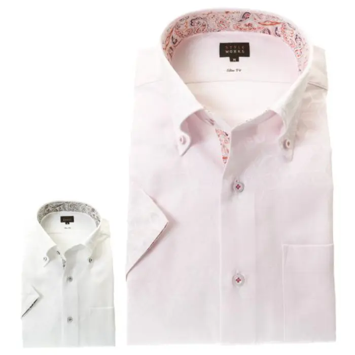 国産綿100％半袖ドレスシャツ スリムフィット ボタンダウン ジャガード織柄 ピンク 白 ホワイト 結晶 キューブ ダイヤ 六芒星 幾何柄 胸ポケット有