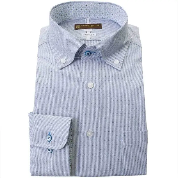 ワイシャツ 長袖 ブルー ストライプ ドット ボタンダウン 標準 レギュラー フィット シャツハウス メンズ ドレスシャツ