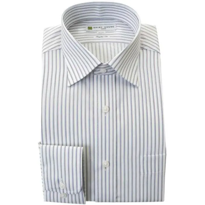 ワイシャツ 形態安定 長袖 ブルー パープル ストライプ セミワイドカラー 標準 シャツハウス メンズ ドレスシャツ