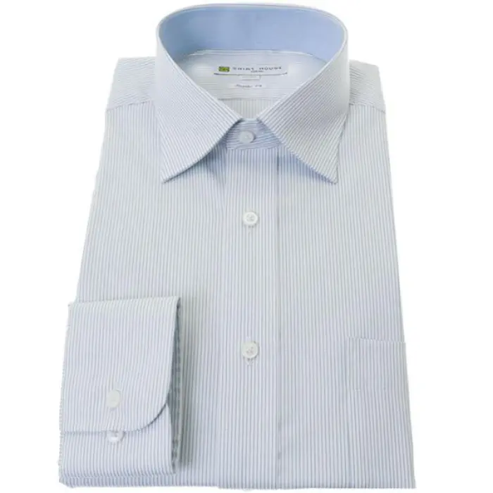 ワイシャツ 形態安定 長袖 ブルー ストライプ セミワイドカラー レギュラーフィット シャツハウス メンズ ドレスシャツ