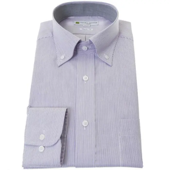 ワイシャツ 形態安定 長袖 パープル ストライプ ボタンダウン レギュラーフィット シャツハウス メンズ ドレスシャツ