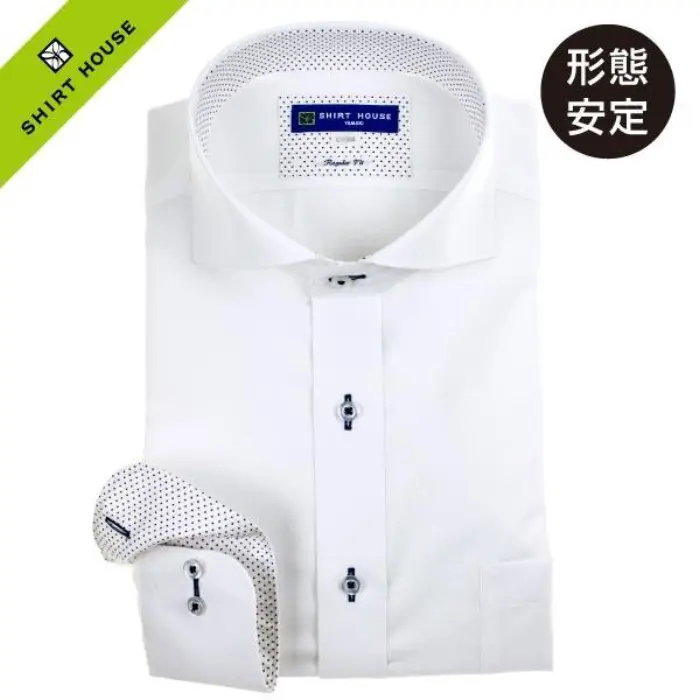 ワイシャツ 形態安定 長袖 白 ドビー 無地 カッタウェイ ワイドカラー 標準 オフィスカジュアル シャツハウス メンズ ドレスシャツ