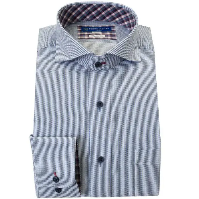 ワイシャツ 形態安定 長袖 青 ネイビー ストライプ カッタウェイ 標準 オフィスカジュアル シャツハウス メンズ ドレスシャツ