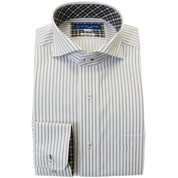 ワイシャツ 形態安定 長袖 グレー ストライプ カッタウェイ 標準 オフィスカジュアル シャツハウス メンズ ドレスシャツ