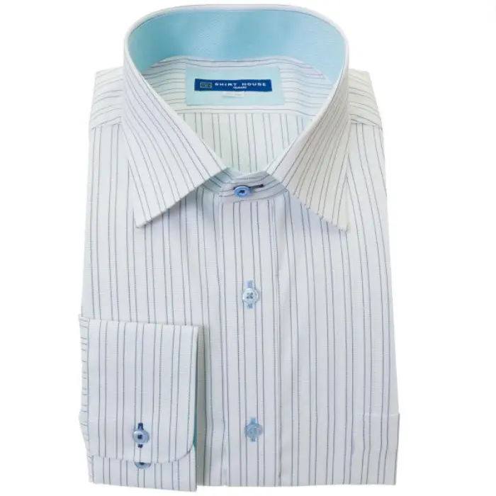 ワイシャツ 形態安定 キングサイズ 大寸 長袖 青 ブルー ストライプ ワイドカラー レギュラー フィット シャツ ハウス メンズ ドレスシャツ