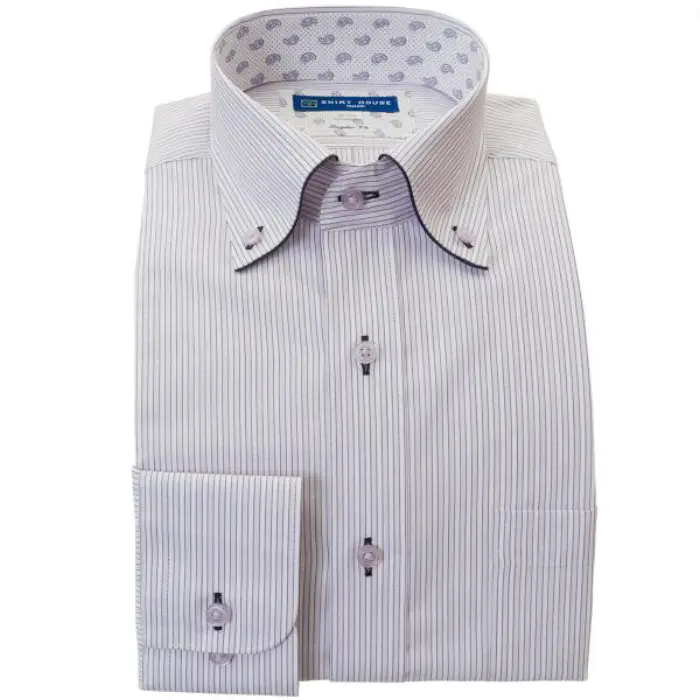 ワイシャツ 形態安定 長袖 パープル 紫 ストライプ ボタンダウン 標準 シャツハウス メンズ ドレスシャツ