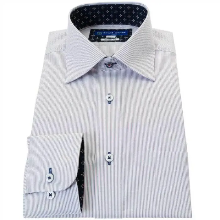 ワイシャツ 形態安定 長袖 ワイン色 エンジ グレー ストライプ ワイドカラー 標準 シャツハウス メンズ ドレスシャツ