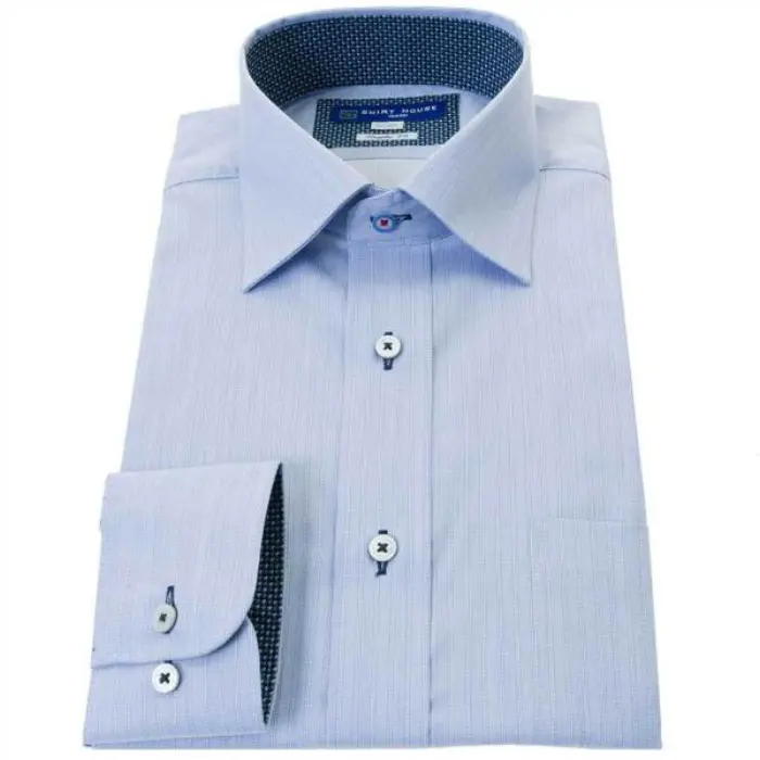ワイシャツ 形態安定 長袖 青 ブルー ストライプ ワイドカラー 標準 シャツハウス メンズ ドレスシャツ