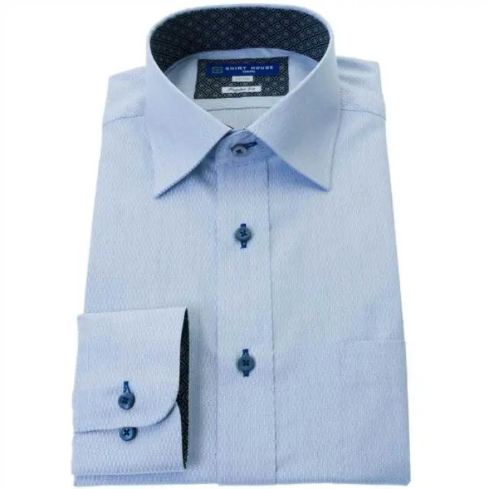 ワイシャツ 形態安定 長袖 ブルー ドビー ワイドカラー 標準 シャツハウス メンズ ドレスシャツ