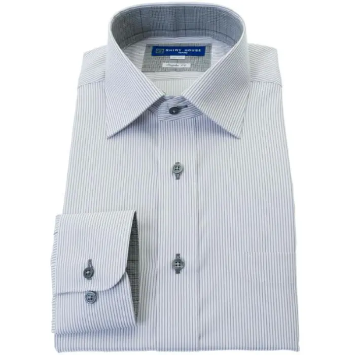 ワイシャツ 形態安定 長袖 グレー ストライプ ワイドカラー 標準 シャツハウス メンズ ドレスシャツ