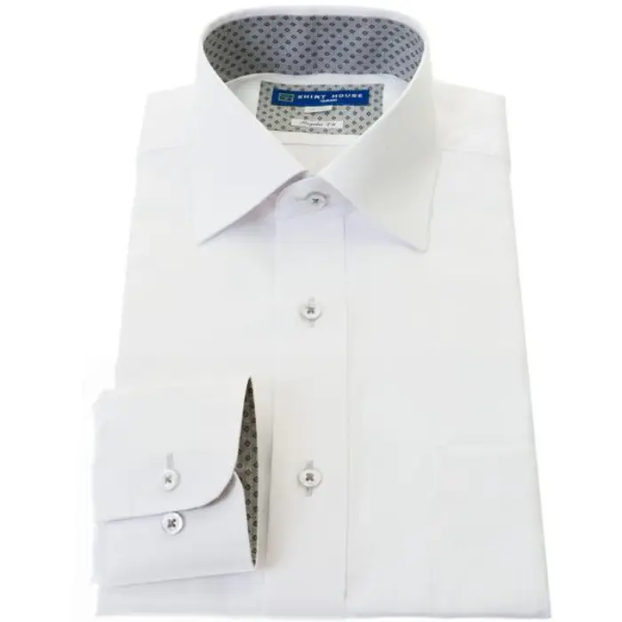 ワイシャツ 形態安定 長袖 白 ホワイト ワイドカラー ドビー ストライプ 標準 シャツハウス メンズ ドレスシャツ