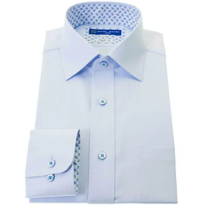 ワイシャツ 形態安定 長袖 ブルー ワイドカラー ドビー ダイヤ チェック 標準 シャツハウス メンズ ドレスシャツ