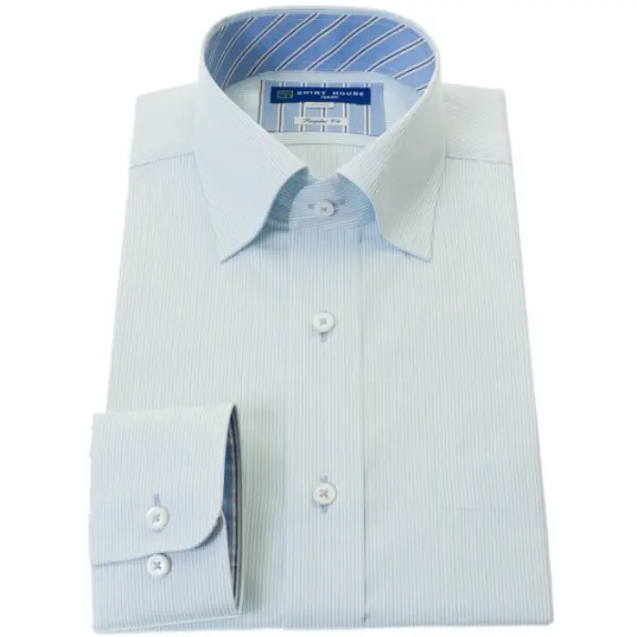 ワイシャツ 形態安定 長袖 ブルー ストライプ スナップダウン 標準 シャツハウス メンズ ドレスシャツ
