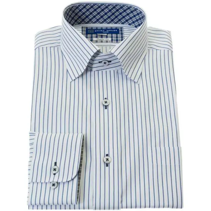 ワイシャツ 形態安定 長袖 ブルー ストライプ スナップダウン 標準 シャツハウス メンズ ドレスシャツ