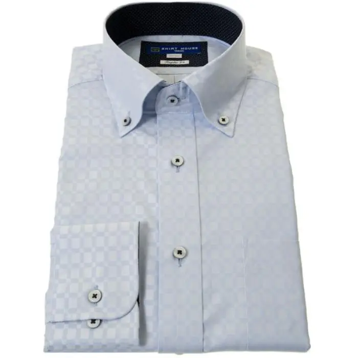 ワイシャツ 形態安定 長袖 ブルー チェック ドビー ボタンダウン 標準 シャツハウス メンズ ドレスシャツ