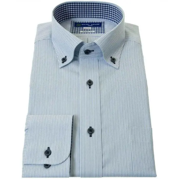 ワイシャツ 形態安定 長袖 ブルー ストライプ ボタンダウン 標準 シャツハウス メンズ ドレスシャツ