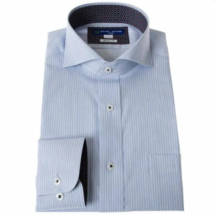 ワイシャツ 形態安定 長袖 ブルー 青 ストライプ カッタウェイ 標準 シャツハウス メンズ ドレスシャツ