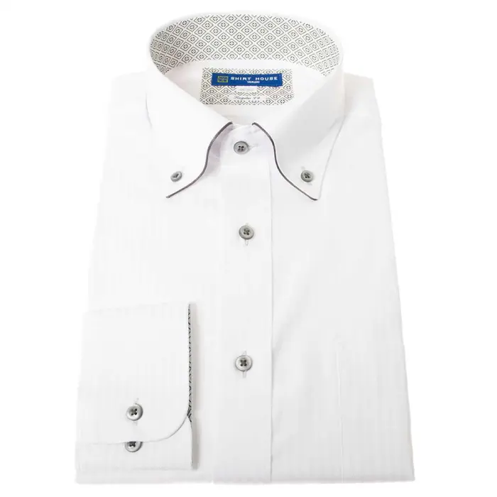 ワイシャツ 形態安定 長袖 白ドビーストライプ ホワイト ボタンダウン 標準 シャツハウス メンズ ドレスシャツ