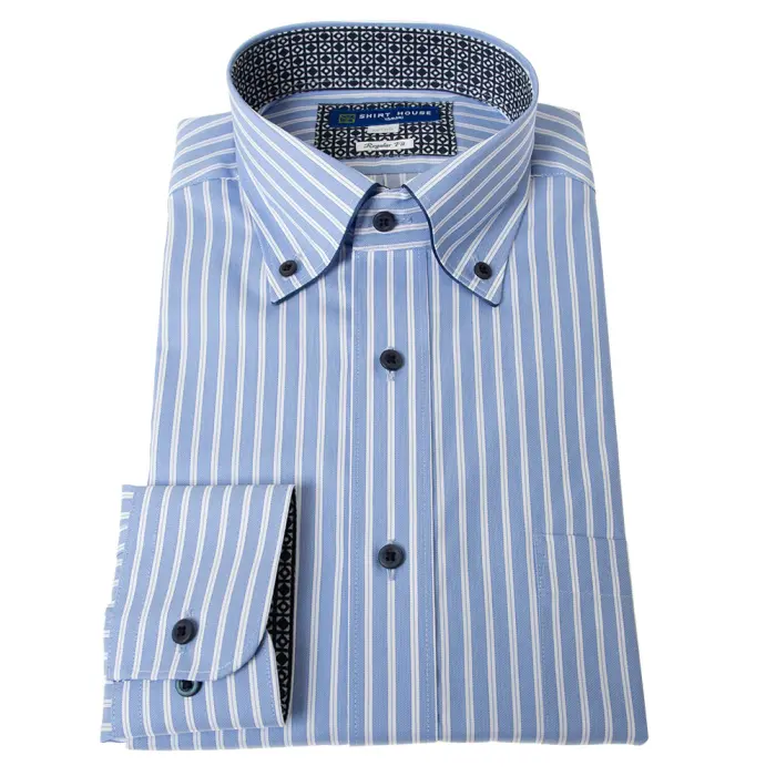 ワイシャツ 形態安定 長袖 ブルーストライプ 青 ボタンダウン 標準 シャツハウス メンズ ドレスシャツ