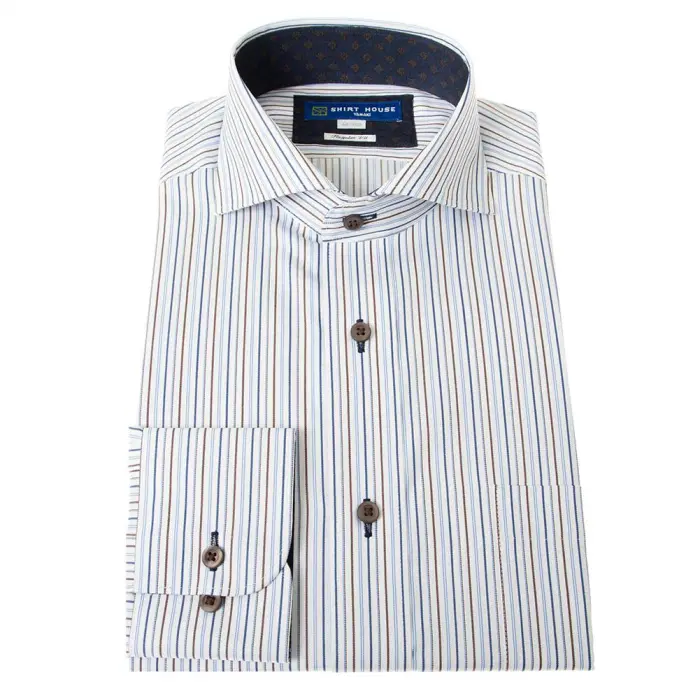 ワイシャツ 形態安定 長袖 ネイビーとブラウンのストライプ 紺色 茶色 カッタウェイ 標準 シャツハウス メンズ ドレスシャツ