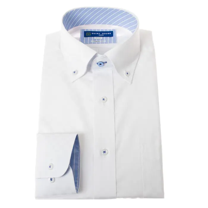 ワイシャツ 形態安定 長袖 ホワイト 白ドビーチェック ボタンダウン 標準 シャツハウス メンズ ドレスシャツ