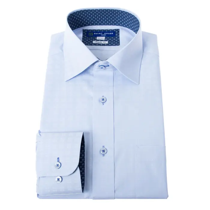 ワイシャツ 形態安定 長袖 ブルー ドビーチェック ワイドカラー 標準 シャツハウス メンズ ドレスシャツ