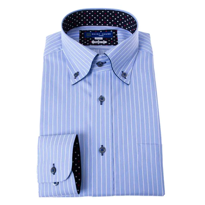 ワイシャツ 形態安定 長袖 ブルー ストライプ ボタンダウン 標準 シャツハウス メンズ ドレスシャツ