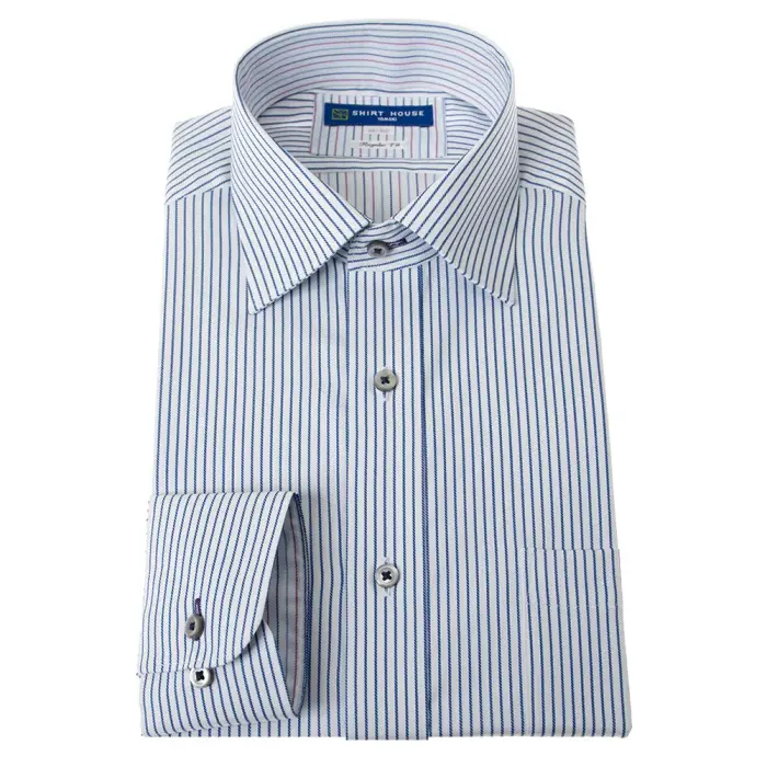 ワイシャツ 形態安定 長袖 ブルー ストライプ ワイドカラー 標準 シャツハウス メンズ ドレスシャツ