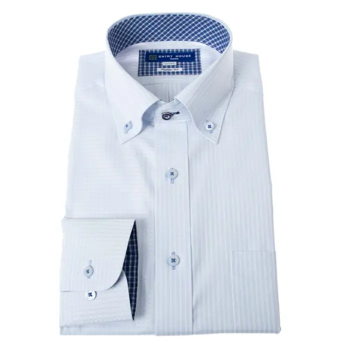 ワイシャツ 形態安定 長袖 ブルーグレー チェック  ボタンダウン 標準 シャツハウス メンズ ドレスシャツ