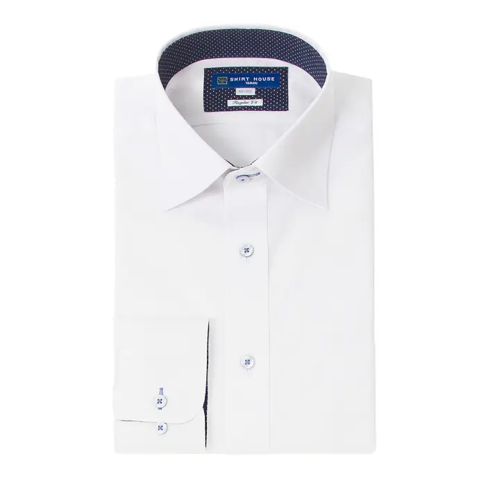 ワイシャツ 形態安定 長袖 ホワイト 白ドビーチェック ワイドカラー 標準 シャツハウス メンズ ドレスシャツ